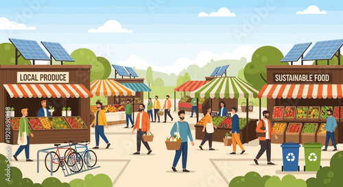 Flat vector illustration of a vibrant local farmers market scene with colorful stalls selling fresh organic produce and sustainable food. People shopping, walking, riding bicycles, and interacting in 