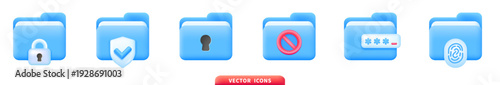 Secure folder icon collection with lock shield keyhole password fingerprint and block symbols in 3d glossy blue style for data protection and privacy interface design