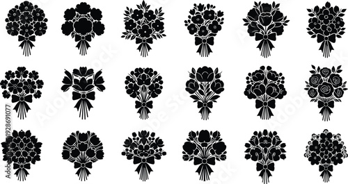 Floral bouquet silhouette collection with decorative flower arrangements isolated on white background, black botanical vector set for wedding and invitation design