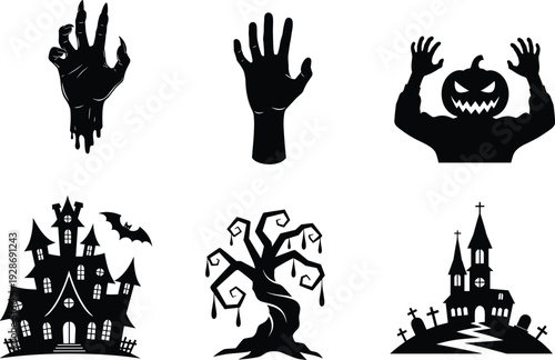 Halloween horror silhouette collection with zombie hands, haunted house, spooky tree and graveyard church vector set in black and white