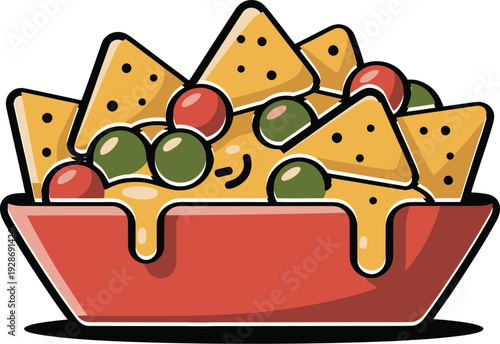Nachos with Melted Cheese Olives and Tomatoes in Red Bowl Vector Illustration