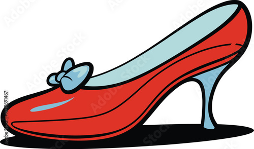 Red High Heel Shoe with Blue Bow and Light Blue Lining Vector Graphic