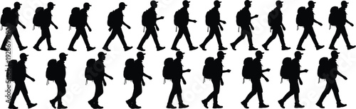 Hiker walking silhouette sequence with backpack in side view isolated on white background, black traveler vector illustration set for outdoor adventure design