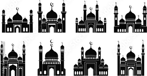 Mosque silhouette collection with Islamic domes and minarets isolated on white background, black architecture vector set for Ramadan and religious design