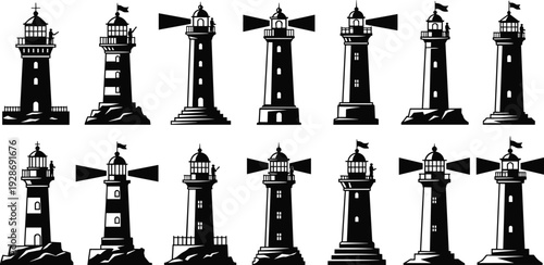Lighthouse silhouette collection in black and white, vintage maritime beacon towers with light rays vector set isolated on white background