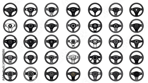 Modern Car Steering Wheel Icon Set Flat Automotive Vector Illustrations