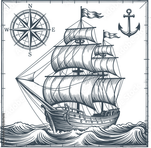 Vintage Sailing Ship Navigating Rough Seas with Compass and Anchor Nautical Adventure