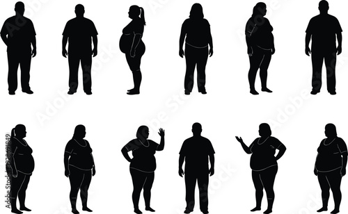 WebObese men and women body silhouettes set in different standing poses isolated on white background, plus size people vector illustration collection