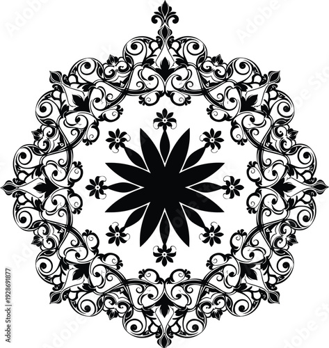 Ornamental floral mandala with intricate baroque scrollwork isolated on white background, black decorative vector illustration for vintage pattern and tattoo design