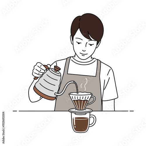 Barista pouring hot water from kettle into coffee dripper for pour over coffee