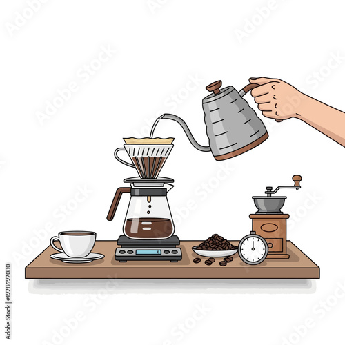 Pour Over Coffee Brewing: Hand pouring hot water on coffee grounds in a filter, close-up