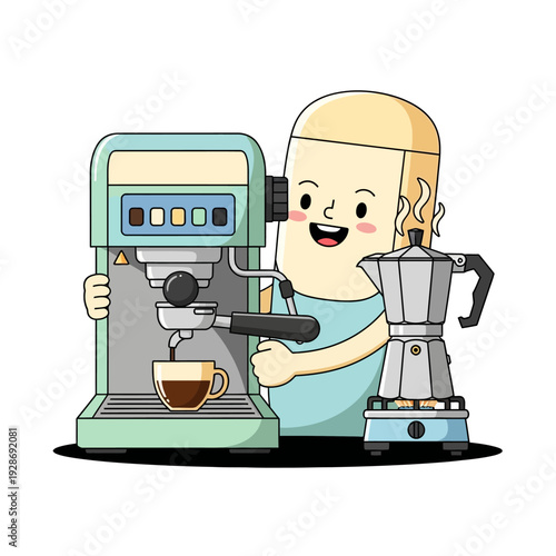Happy barista making espresso with a machine and moka pot, coffee brewing concept