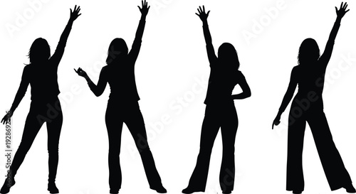 Silhouettes of four dancing women in dynamic poses with raised hands isolated on white background, energetic female party movement and celebration concept