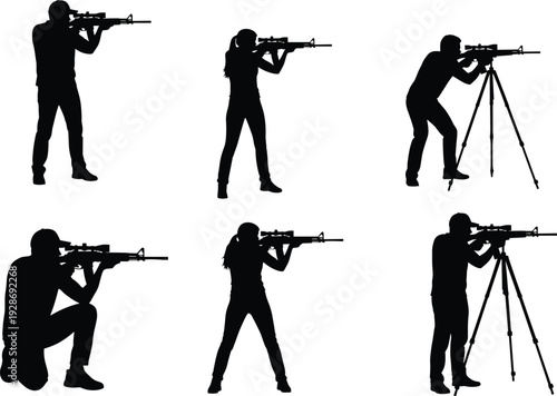 Sniper and shooter silhouettes set with rifle and tripod, tactical military marksman positions in black and white vector illustration collection