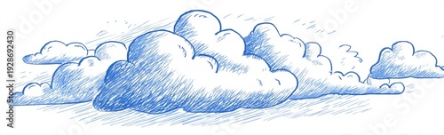 A hand-drawn image depicts fluffy, stylized clouds in various shapes with a sky blue hue