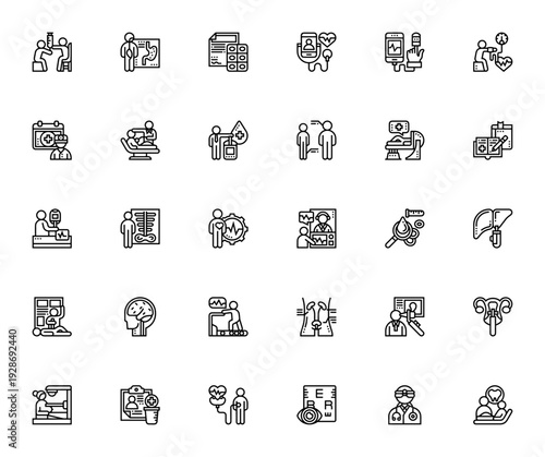 Health Checkup icon set. Medical vector icons pack. Includes blood test, blood pressure, EKG, tomography, prescription, diagnosis and more. Editable stroke.