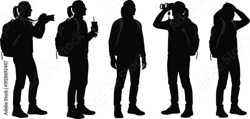 Traveler silhouette set with backpack, camera and binoculars isolated on white background, black vector illustration for tourism, hiking and adventure lifestyle design