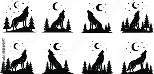 Wolf howling at moon silhouette collection with pine forest and night sky isolated on white background, black wildlife vector illustration set