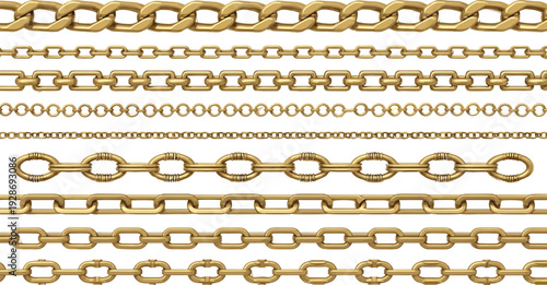 Elegant gold chain designs collection showcasing diverse link styles and textures for jewelry making, fashion accessories, necklace crafting, and luxury branding visuals.