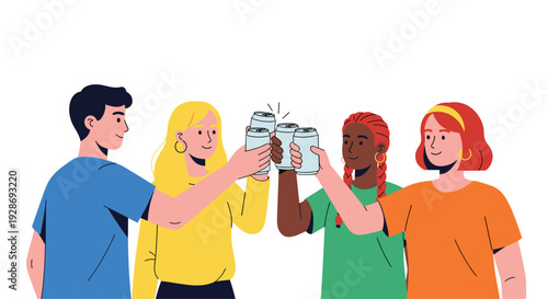 A group of four diverse young people are raising white aluminum cans together in a celebratory toast against a plain white background.