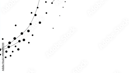Abstract image. Black dots of varying sizes clustered along a curved line against white