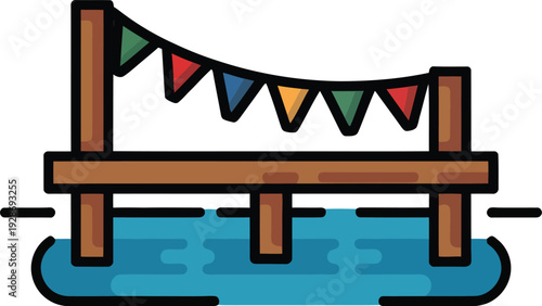Wooden Dock with Colorful Bunting Flags Over Water Festive Celebration Icon