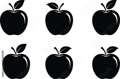 Apple fruit silhouette collection with leaf variations isolated on white background, simple black vector icon set for healthy food and nutrition design
