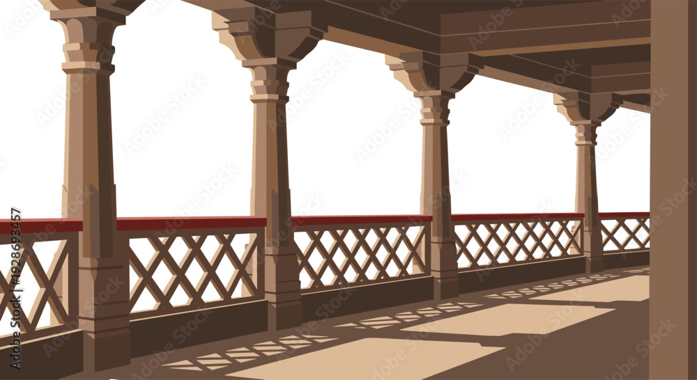 Fototapeta premium A perspective view of a traditional covered balcony features brown pillars and a lattice railing with sharp shadows cast across the floor.