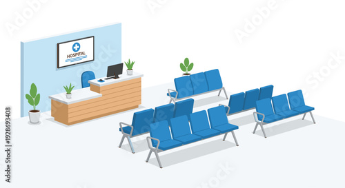 An isometric illustration shows a hospital waiting room featuring a wooden reception desk, rows of blue seating, and green potted plants.
