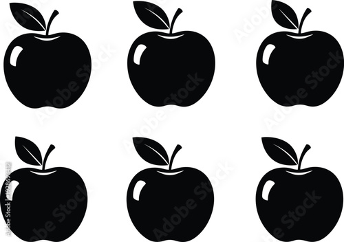 Apple fruit silhouette icon set with leaf isolated on white background, simple black vector illustration for healthy food and nutrition design