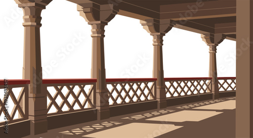 A perspective view of a traditional covered balcony features brown pillars and a lattice railing with sharp shadows cast across the floor.