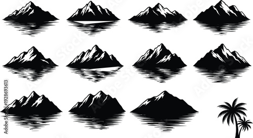 Black and white mountain silhouettes with lake reflections collection, isolated alpine peaks and tropical palm trees vector set for landscape design