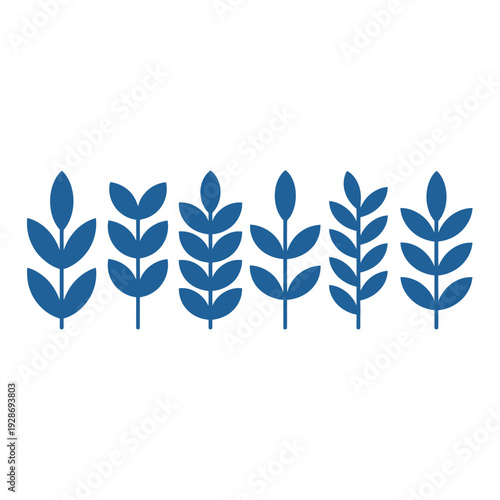 A graphic representation of five stylized blue wheat stalks on a white background.