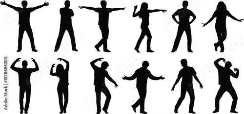 Collection of energetic dancing people silhouettes in various dynamic poses isolated on white background, diverse men and women celebrating music and movement