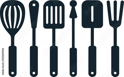 Collection of Kitchen Utensils: Whisk Spatula Masher Turner ForkVector Icons for Cooking
