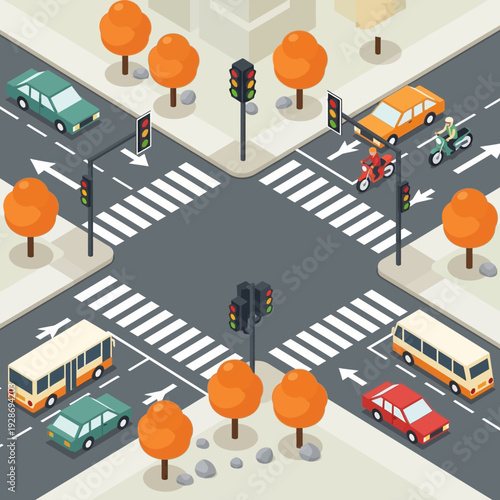 Busy City Intersection with Traffic Lights, Cars, Bus, and Pedestrian Crossings