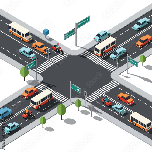 Busy city intersection with traffic, cars, buses, and motorcycles during the day