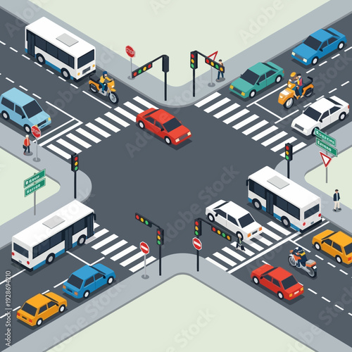 Busy city intersection with traffic lights, cars, buses, and motorcycles
