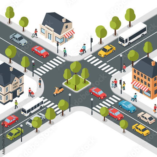 Busy City Intersection with Traffic, Cars, Bus, and Pedestrians