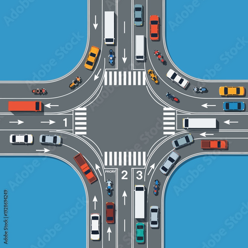Busy Crossroads Intersection with Traffic Flow and Vehicles