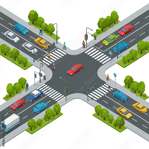 Busy city intersection with cars, pedestrians, and traffic lights in isometric view