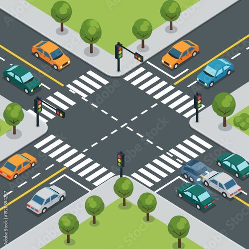Busy City Intersection with Cars, Traffic Lights, and Pedestrian Crossings - Isometric View