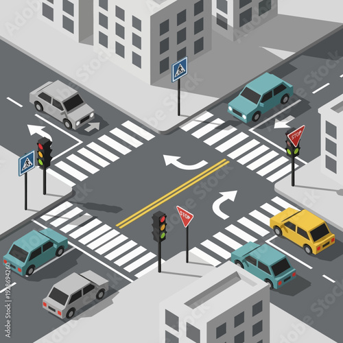 Busy city intersection with cars, traffic lights, and crosswalks in isometric view.