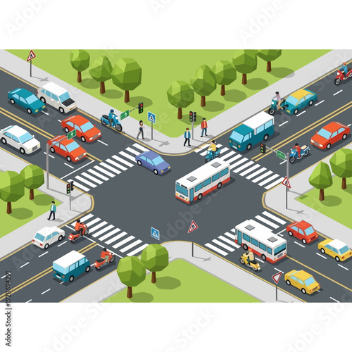 Busy city intersection with diverse vehicles and traffic lights, isometric view.