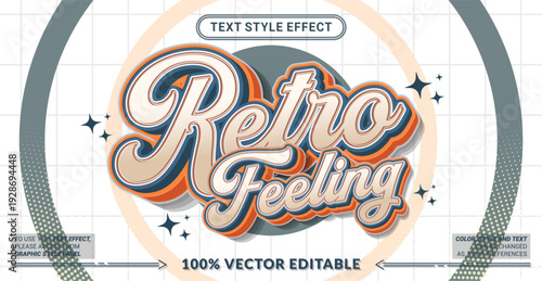 Editable text effect vector “Retro Feeling” features bold 3D vintage lettering with classic tones and nostalgic vibes, perfect for posters, branding, and throwback themes.