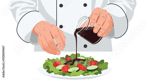 A chef wearing a white uniform pours dark balsamic dressing from a glass jar onto a plate of fresh green salad with tomatoes and cucumbers.