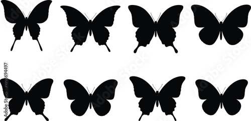 Butterfly Silhouette Collection with Different Wing Styles for Tattoo Design, Nature Decoration, Insect Illustration and Black Shape Icon Set