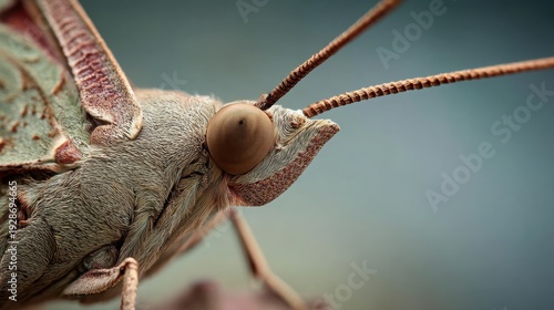 Intricate closeup of a moth's fuzzy antennae and compound eye, showcasing delicate sensory perception in nature