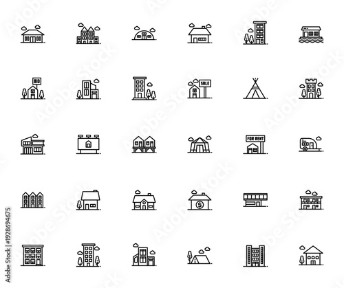 Building icon set. Minimal vector illustrations. Includes house, condominium, castle, tent, caravan, real estate, modern house, for sale, for rent and more. Editable stroke.