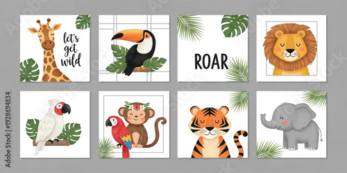 Cute Jungle Animal Nursery Wall Art Set with Giraffe Lion Tiger Elephant Monkey and Tropical Birds for Kids Room Decor and Baby Shower Design